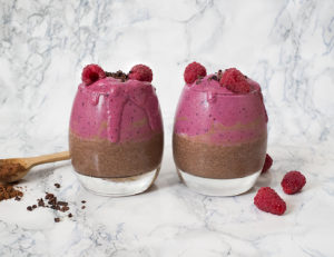 Pudding de chia au cacao cru, smoothie framboise vegan